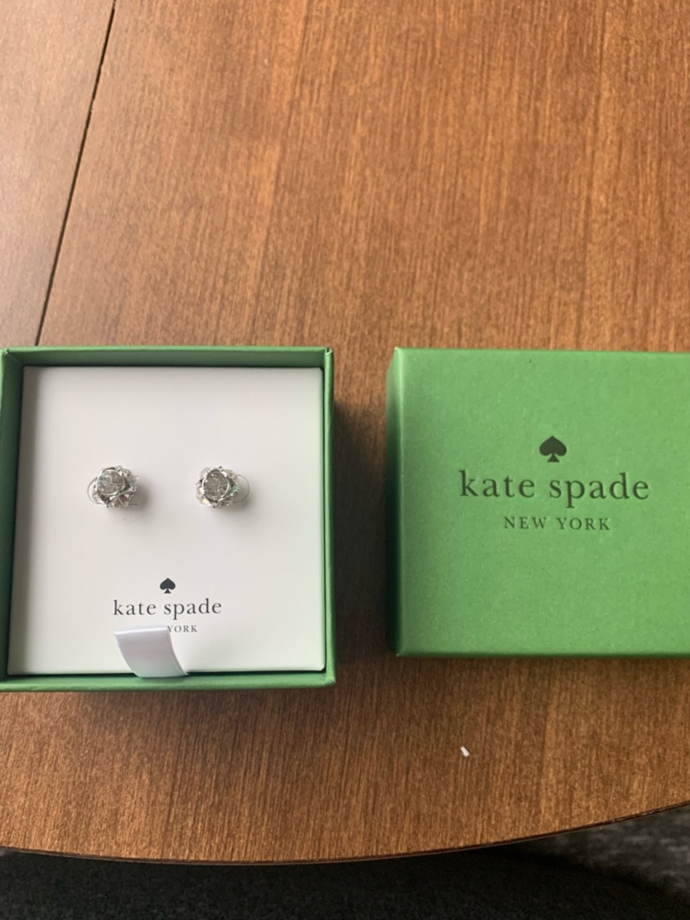 kate spade Silver Crystal Stud Earrings in Green Box